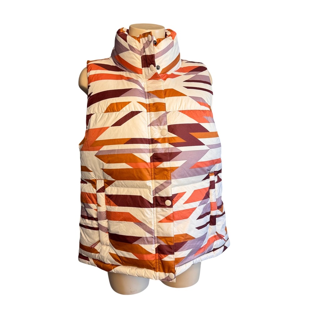 Prana Hellebore Down Vest Womens Medium Geometric Print Puffer Snap Front